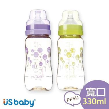 （2件95折）【US BABY 優生】真母感PPSU瓶(寬口徑)330ml  2入組(紫/綠二色隨機出貨)