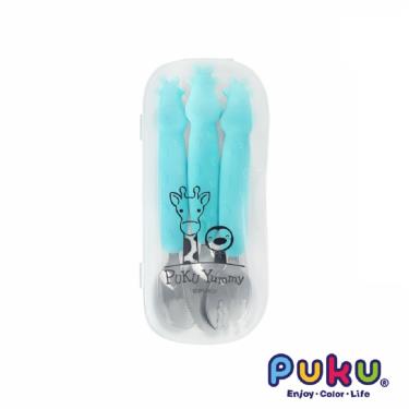 （任2件9折）【PUKU 藍色企鵝】長頸鹿不鏽鋼叉勺3入組 水色