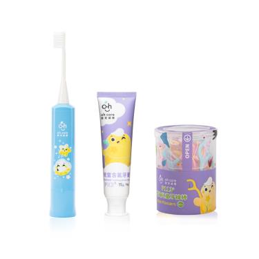 【oh-care歐克威爾】兒童口腔清潔組（兒童電動牙刷X1+兒童含氟牙膏-葡萄X1+P113+雙效兒童牙線棒X1）