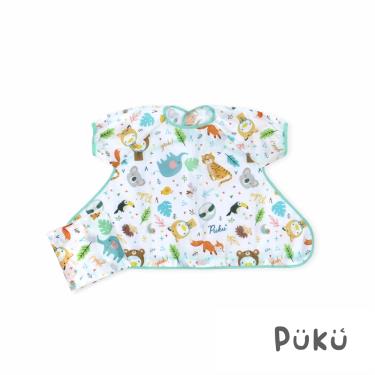 【PUKU 藍色企鵝】短袖防漏魔吸圍兜-森林綠（附收納袋）
