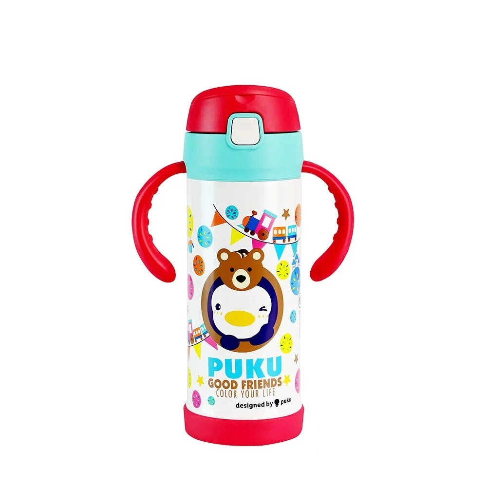 （任2件9折）【PUKU 藍色企鵝】不鏽鋼兩用吸管水瓶 350ml／小熊白