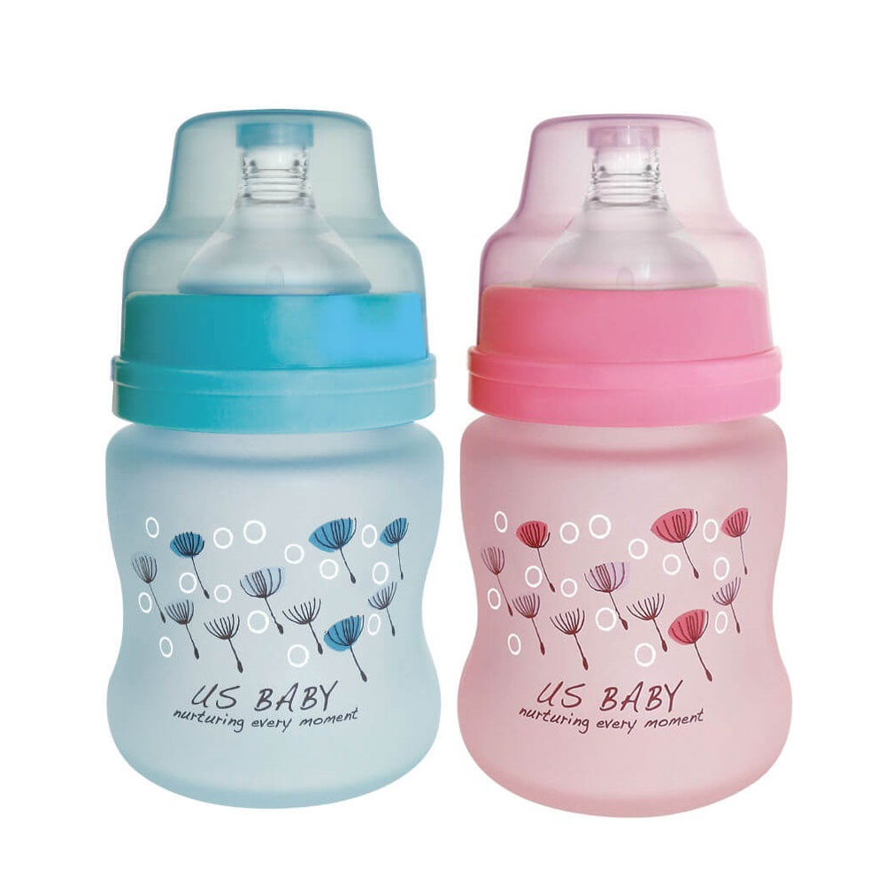 【US BABY 優生】真母感矽膠特護寬口玻璃奶瓶 120ml 粉紅／藍色(隨機出貨)