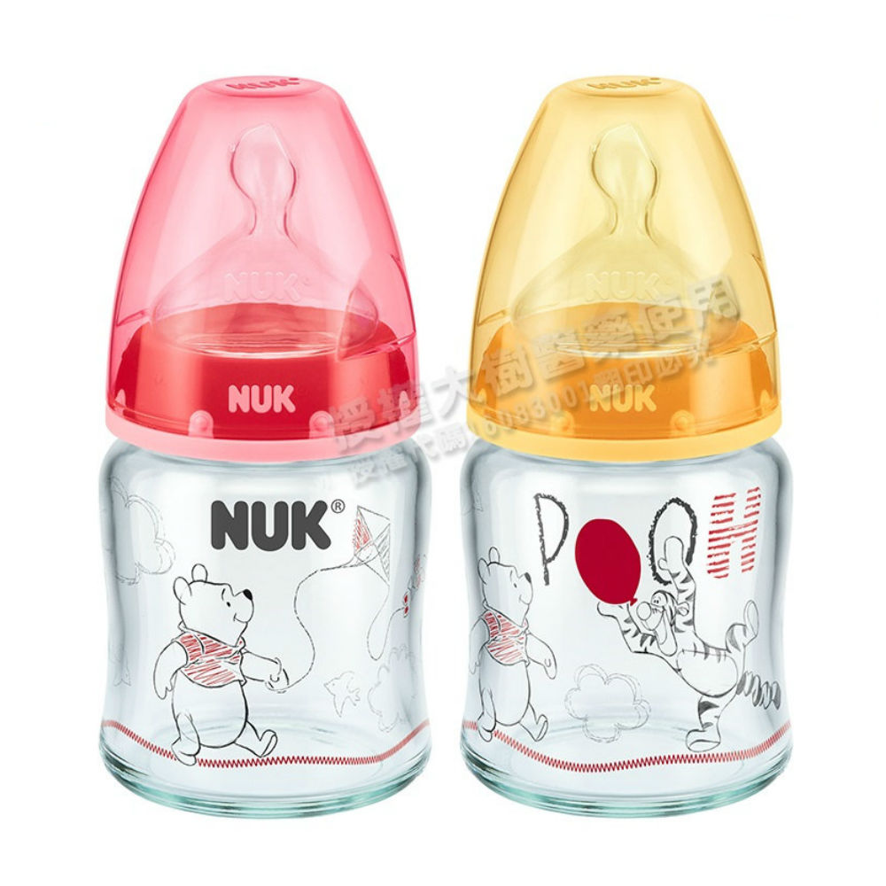 【德國NUK】迪士尼寬口玻璃奶瓶120ml-附1號中圓洞矽膠奶嘴(顏色隨機出貨)