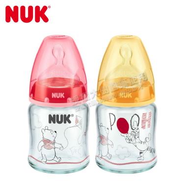 【德國NUK】迪士尼寬口玻璃奶瓶120ml-附1號中圓洞矽膠奶嘴(顏色隨機出貨)