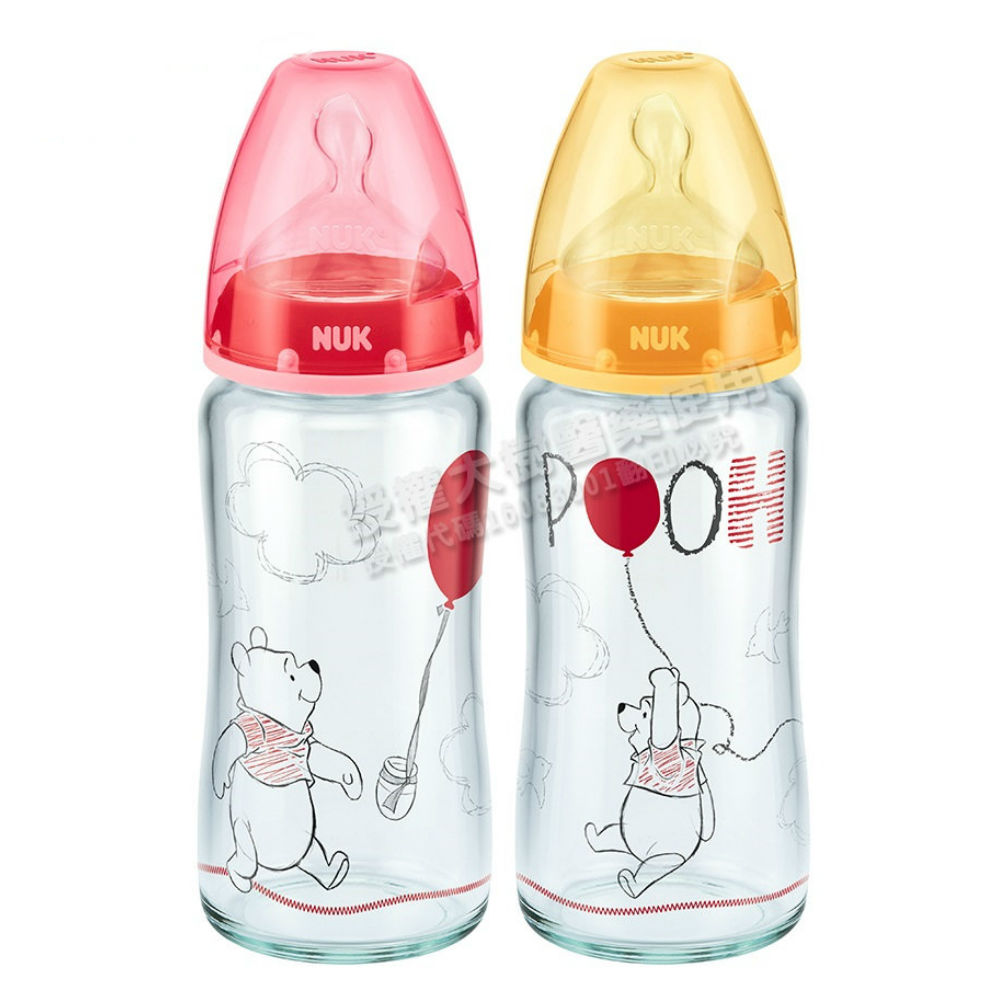 【德國NUK】迪士尼寬口玻璃奶瓶240ml-附1號中圓洞矽膠奶嘴(顏色隨機出貨)