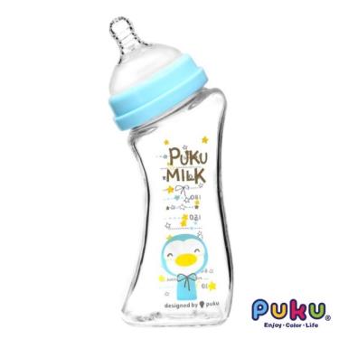 （任2件9折）【PUKU 藍色企鵝】倍特曲線寬口玻璃奶瓶 240ml 夢想藍   