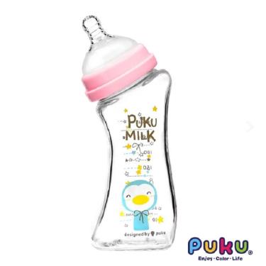 【PUKU 藍色企鵝】倍特曲線玻璃奶瓶 240ml／蜜糖粉