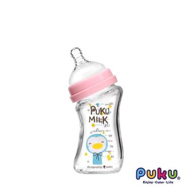 【PUKU 藍色企鵝】倍特曲線玻璃奶瓶 180ml／蜜糖粉