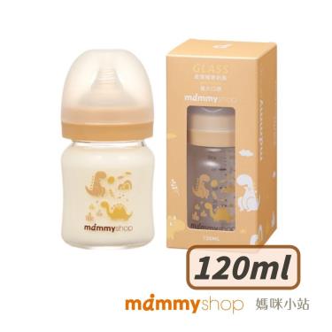【mammyshop 媽咪小站】母感體驗2.5 玻璃奶瓶 寬大口徑 120ml 奶茶恐龍／圓孔M