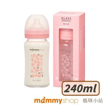 【mammyshop 媽咪小站】母感體驗2.5 玻璃奶瓶 寬大口徑 240ml 粉／圓孔M