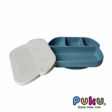 【PUKU 藍色企鵝】鉑金矽膠附蓋吸盤分隔餐盤 霧藍