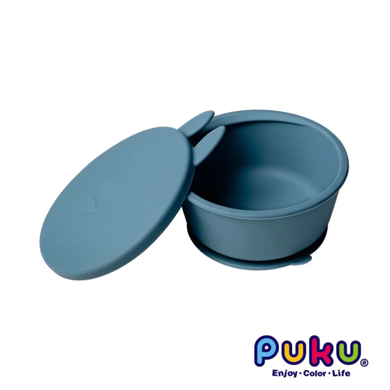 （任2件9折）【PUKU 藍色企鵝】鉑金矽膠附蓋吸盤碗 霧藍