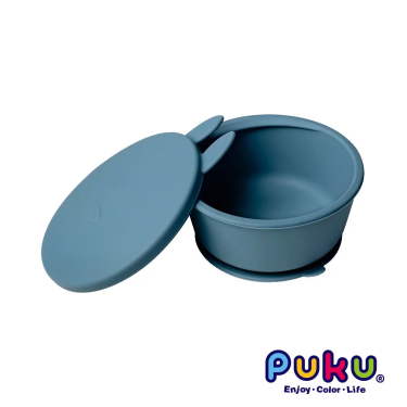 (任2件9折)【PUKU 藍色企鵝】鉑金矽膠附蓋吸盤碗 霧藍