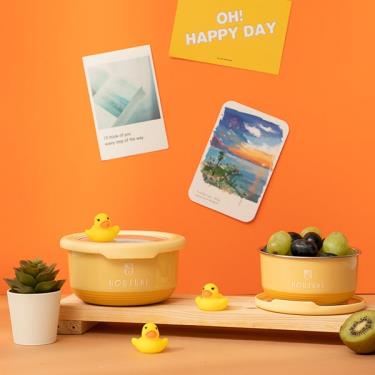 【HOUSUXI】不鏽鋼雙層隔熱碗-420ml-經典黃