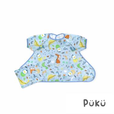 【PUKU 藍色企鵝】短袖防漏魔吸圍兜-恐龍藍（附收納袋）