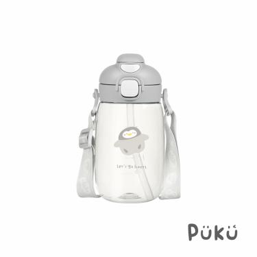 【PUKU 藍色企鵝】圓圓直飲吸管揹帶兩用水壺550ml（灰圓）