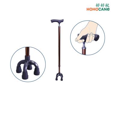 【好好杖】實木握把十段高度奥斯汀小四腳鋁合金站立拐杖-咖啡棕