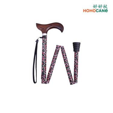 【好好杖】水花紋實木握把五段高度調整折疊鋁合金拐杖-櫻桃紅