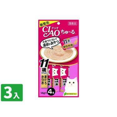 【CIAO】啾嚕11歲肉泥-鮪魚+鰹魚14g*4入/包 日本製 (3入組)