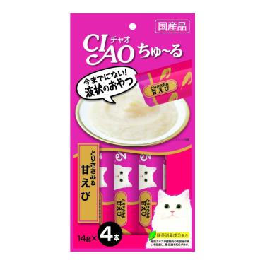 (惜福良品)【CIAO】啾嚕肉泥-雞肉+甜蝦14g*4入/包 日本製 （效期日2024/11/30）