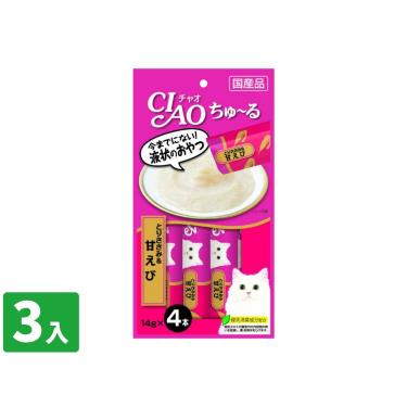 【CIAO】啾嚕肉泥-雞肉+甜蝦14g*4入/包 日本製 (3入組)（效期日2024/11/30）