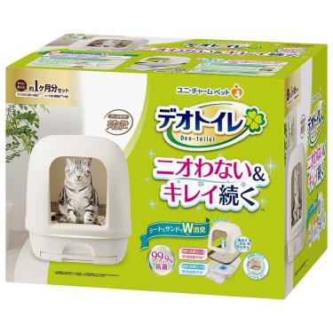 【Unicharm Pet清新消臭】雙層貓砂盆-全罩米白色