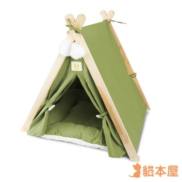 【貓本屋】可拆洗四季通用實木三角寵物帳篷-橄欖綠（廠商直送）