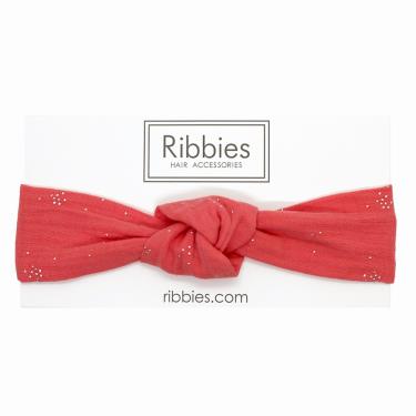 【英國Ribbies】兒童寬版扭結髮帶 珊瑚紅金點點 廠商直送