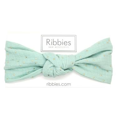 【英國Ribbies】寬版扭結髮帶 薄荷綠金點點 廠商直送
