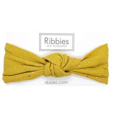 【英國Ribbies】寬版扭結髮帶 芥末黃金點點 廠商直送
