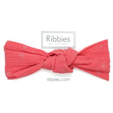 【英國Ribbies】寬版扭結髮帶 珊瑚紅金點點 廠商直送