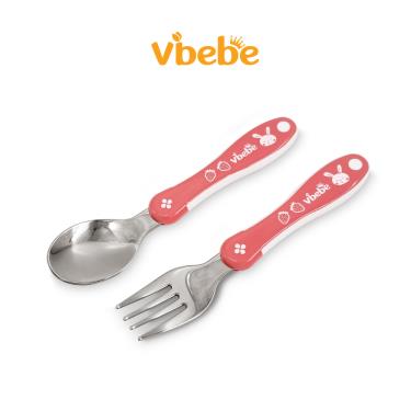（滿399送手帕）【Vibebe】防滑兒童叉匙組兔粉