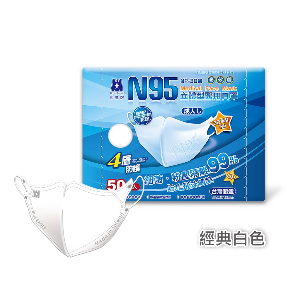 【藍鷹牌】經典系列／N95醫用立體口罩／成人 白色（50片x3盒）廠商直送