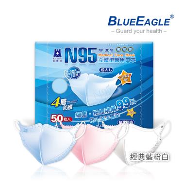 【藍鷹牌】經典系列／N95醫用立體口罩／成人 藍+粉+白色（50片x3盒）廠商直送