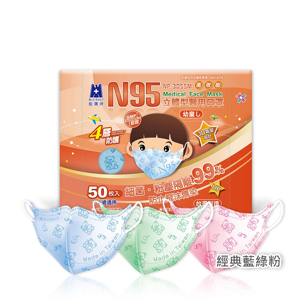 【藍鷹牌】經典系列／N95醫用立體口罩／幼童2-6歲 藍熊+綠熊+粉熊（50片x3盒）廠商直送