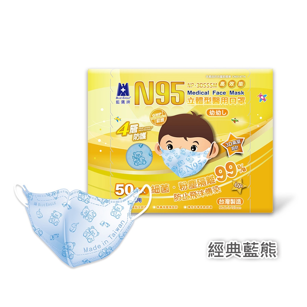 【藍鷹牌】經典系列／N95醫用立體口罩／幼幼2-4歲／藍熊（50片x3盒）廠商直送