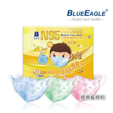 【藍鷹牌】經典系列／N95醫用立體口罩／幼幼2-4歲／藍+綠+粉熊（50片x3盒）