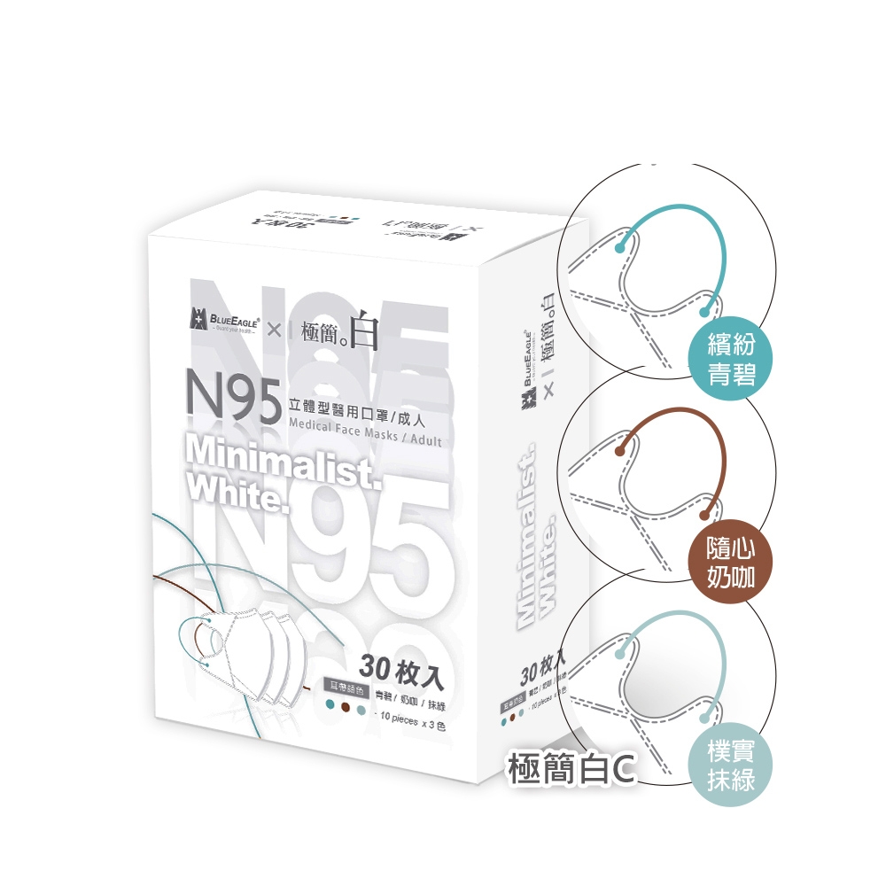 【藍鷹牌】極簡白系列／N95醫用立體口罩／成人 三色綜合C款（30片x3盒）廠商直送