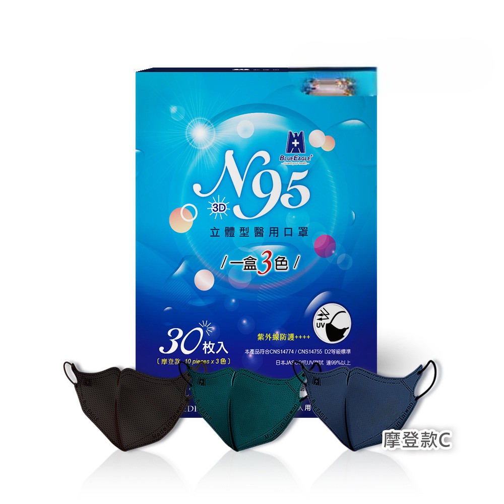 【藍鷹牌】摩登款／N95醫用立體口罩／成人 三色組（30片／盒）廠商直送