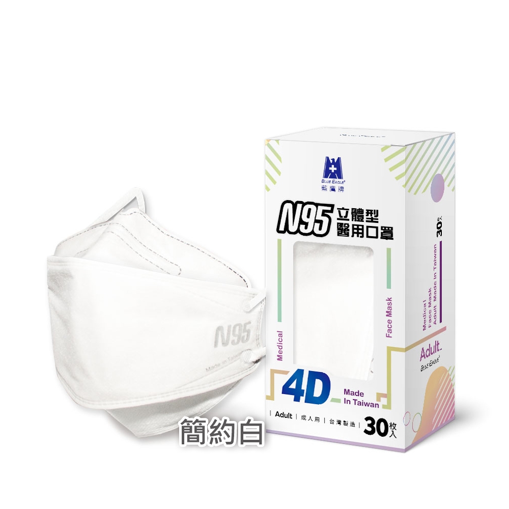 【藍鷹牌】N95醫用4D立體口罩／成人 簡約白（30片／盒）廠商直送