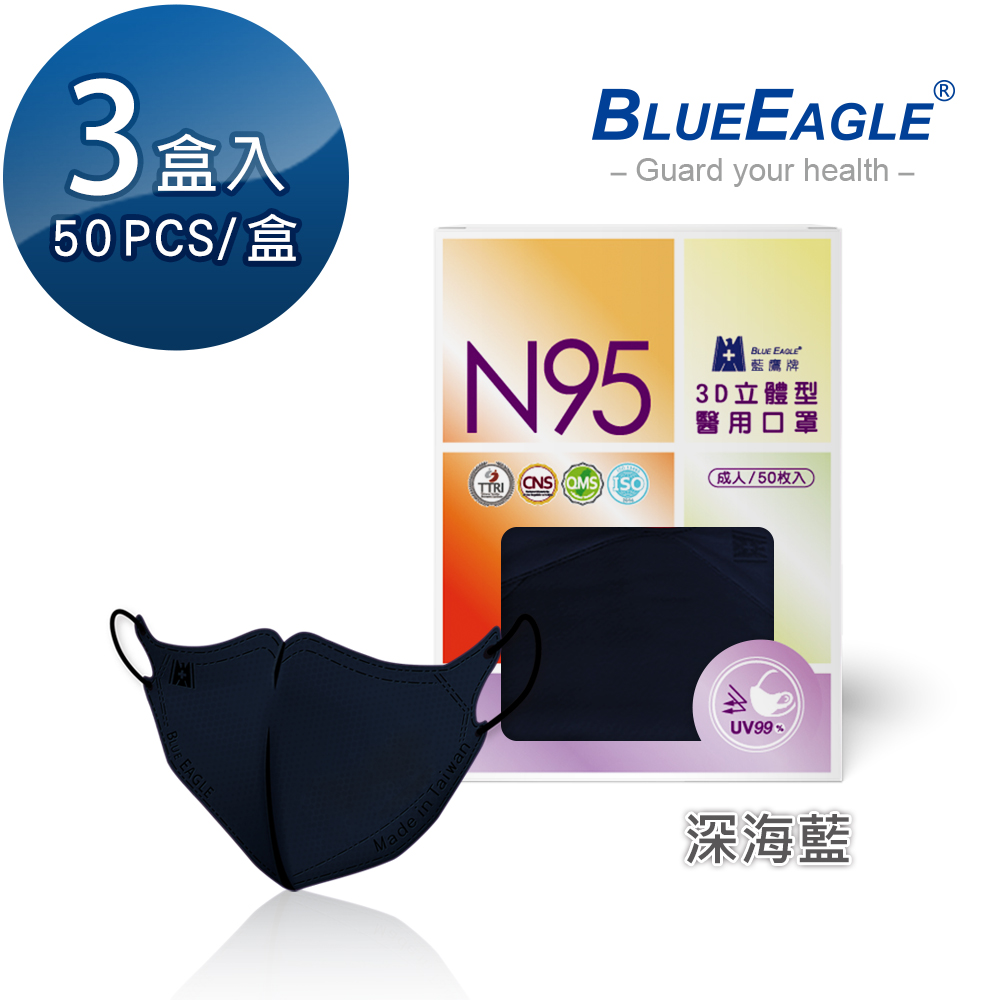 【藍鷹牌】N95醫用／3D立體成人口罩／深海藍（50片X3盒）廠商直送