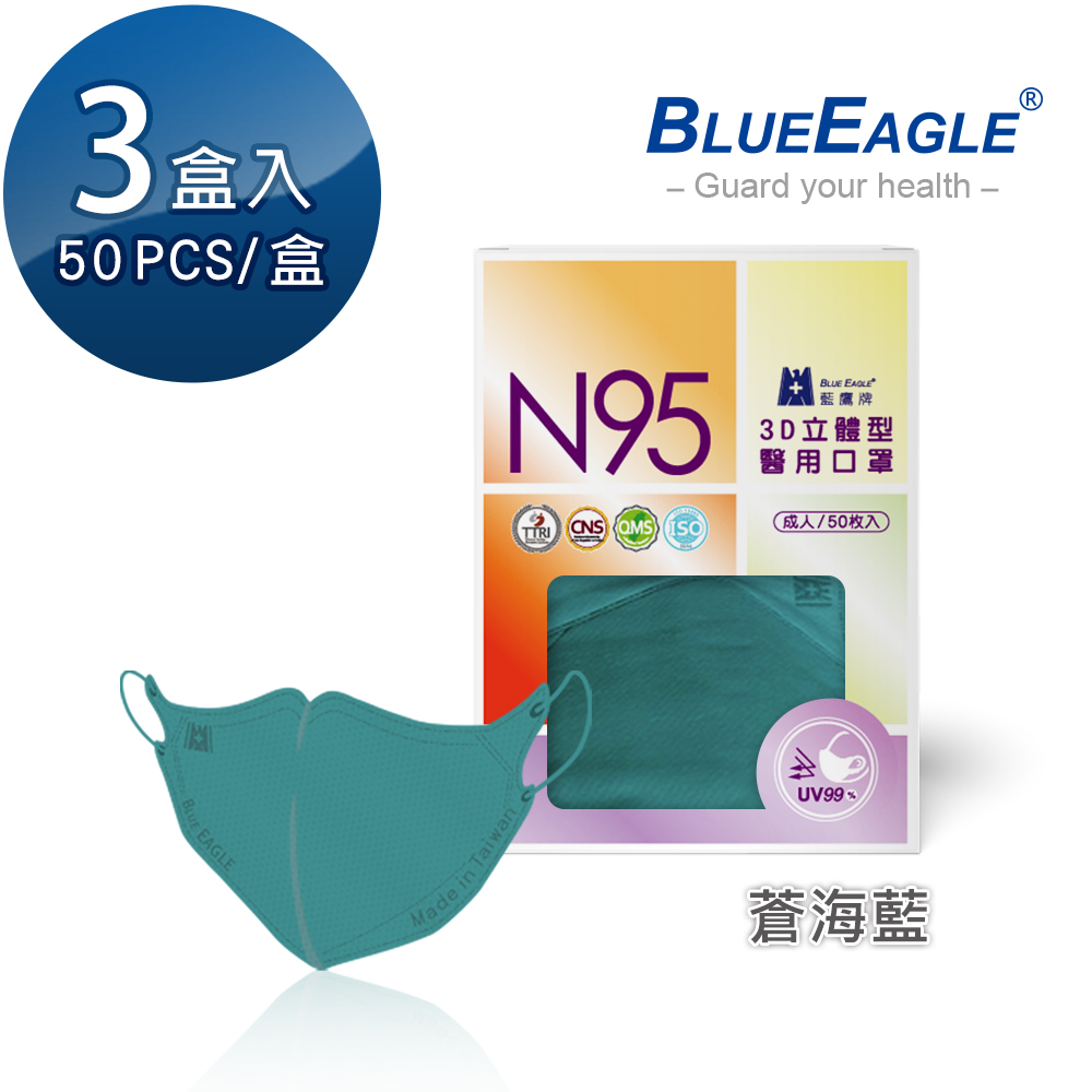 【藍鷹牌】N95醫用／3D立體成人口罩／蒼海藍（50片X3盒）廠商直送