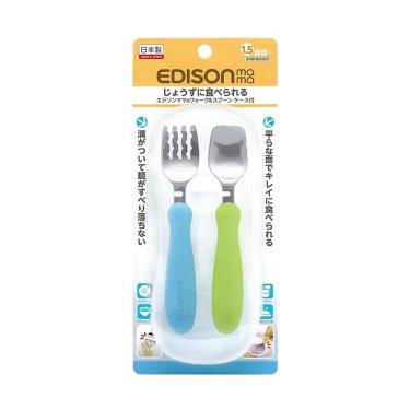 （2件95折）【日本 EDISON】嬰幼兒學習餐具組(藍色+綠色/1.5歲以上)