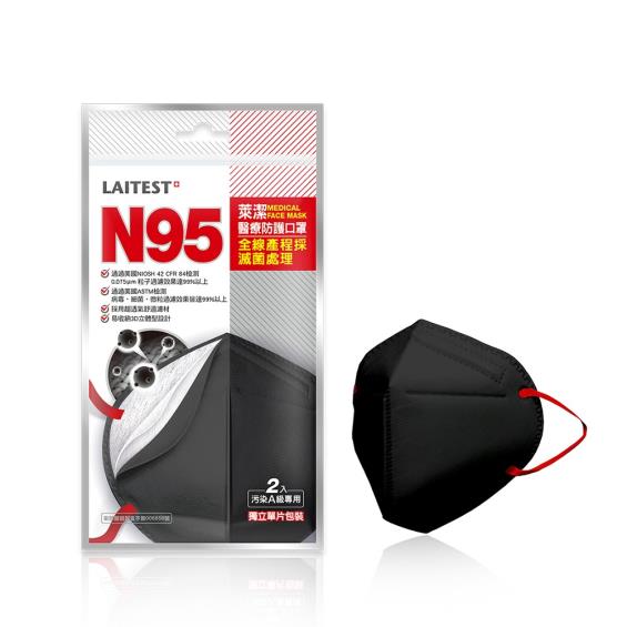 【LAITEST萊潔】N95醫療防護口罩口罩曜石黑（2入／包）單片包裝